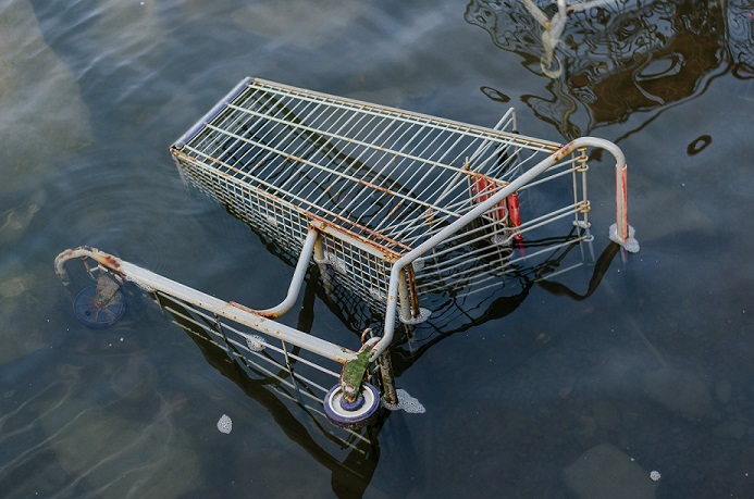 shopping trolley in flood water